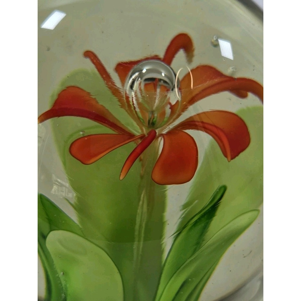 Vintage Muraro Style Art Glass Paperweight Orange Flower Bubble Design